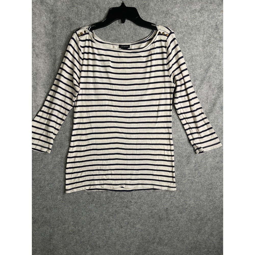 Ann Taylor Womens Small Navy White Striped Boat Neck Button Shoulder Top 3/4 Slv